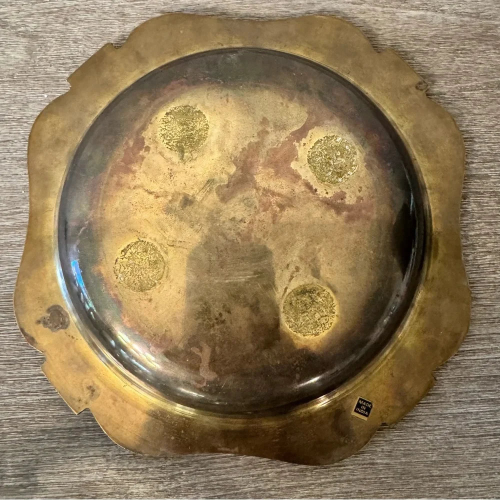 Vintage Brass Ashtray Glass Insert Large 8” MCM Hollywood India Catchall Tray